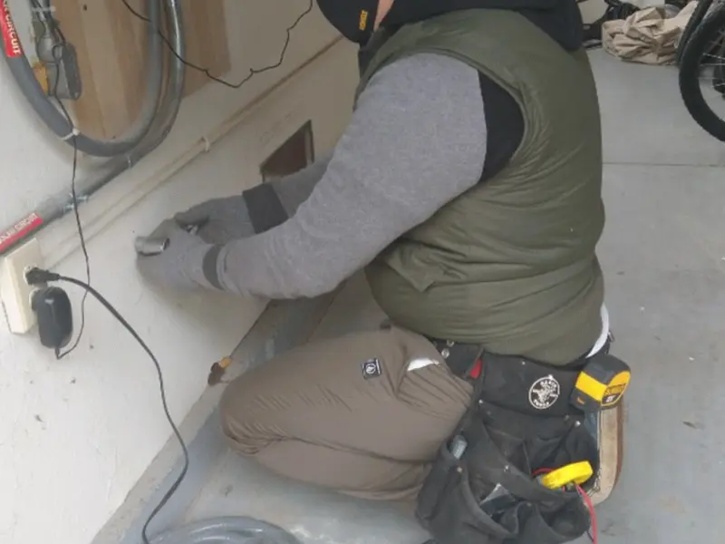 Electrician performing outlet wiring in a Blacksburg garage
